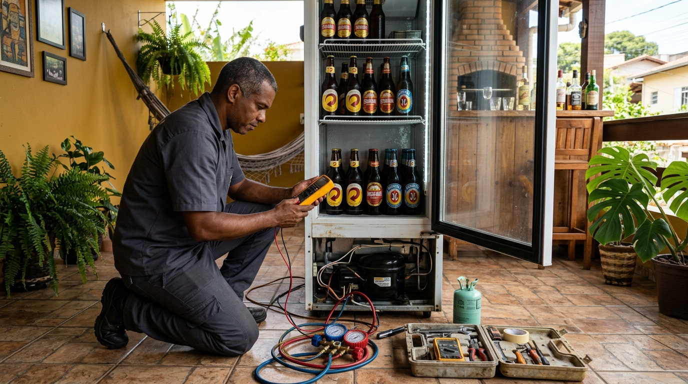 Placa eletrônica de cervejeira em reparo na bancada em Vila Velha‑ES