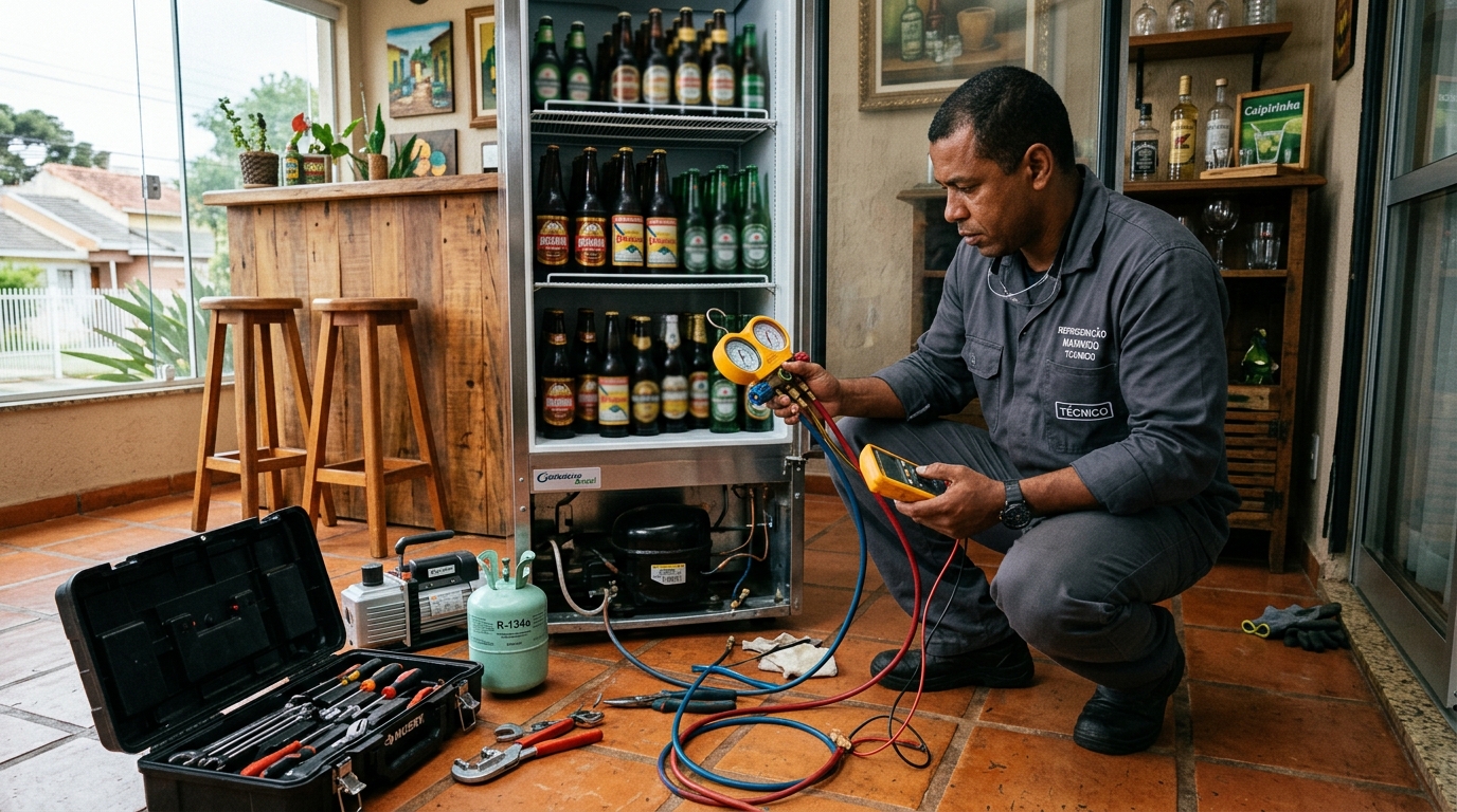 Técnico conferindo a temperatura de uma cervejeira durante atendimento em Vila Velha‑ES