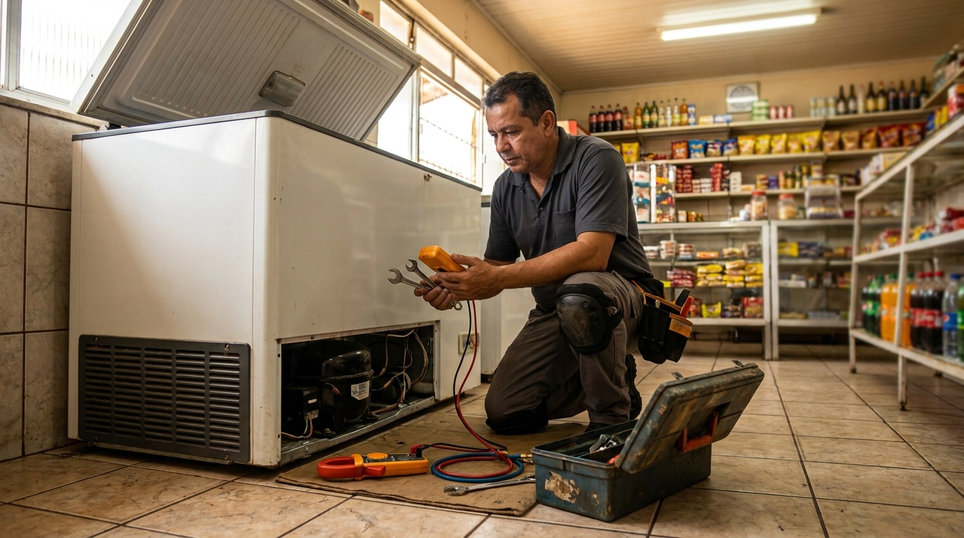 Técnico avaliando um freezer vertical durante atendimento em Vila Velha‑ES