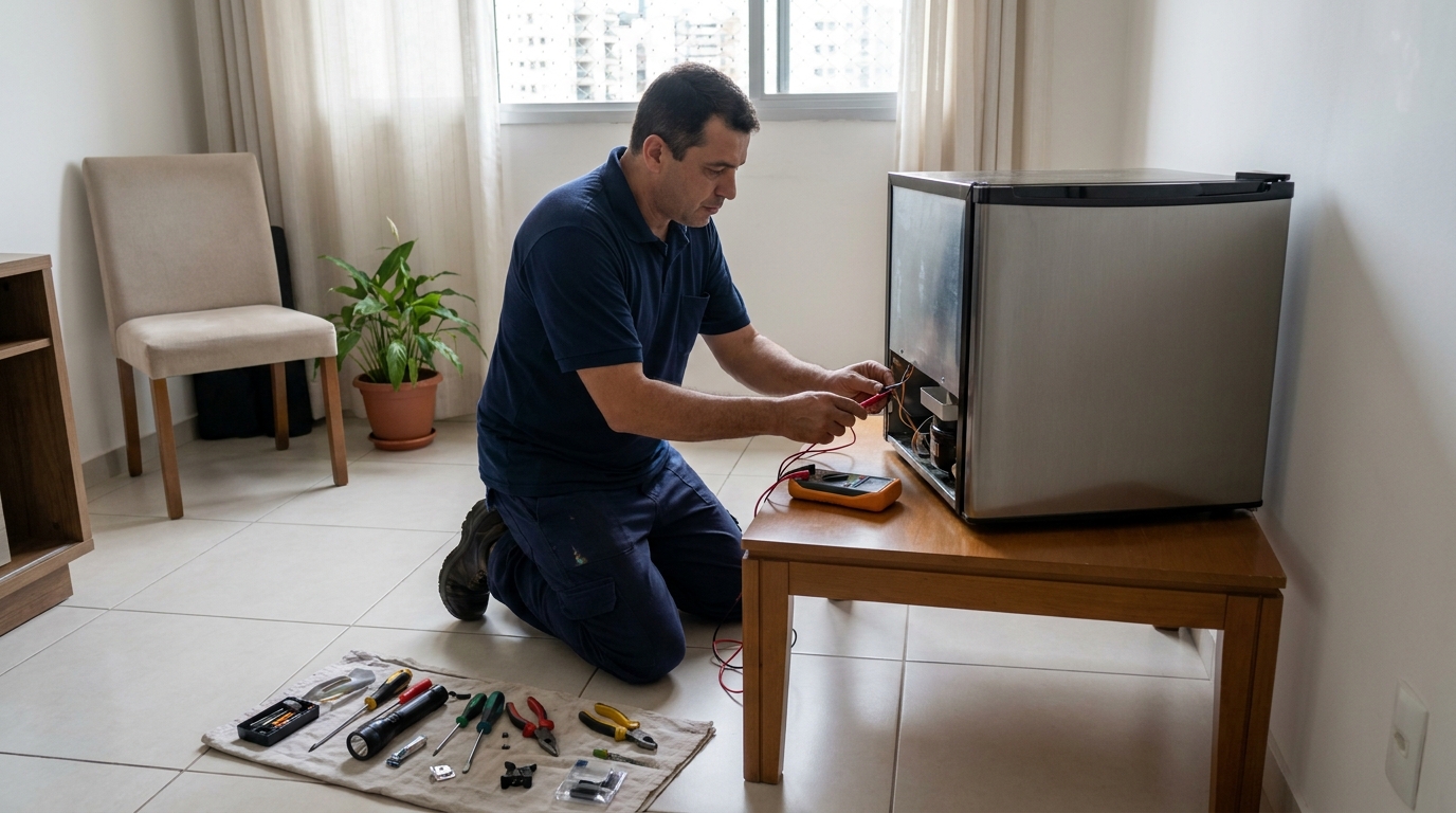 Técnico avaliando um frigobar compacto durante atendimento em Vila Velha‑ES